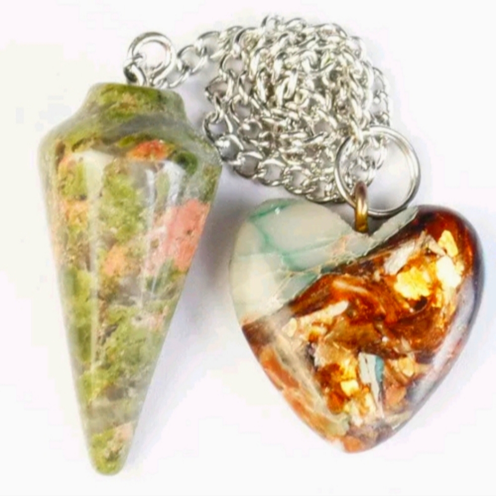 New Unakite Pendulum Heart Shaped Blue Gold Copper Bornite Silver Pendant.
